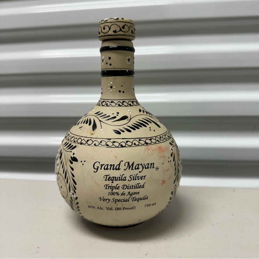 Grand Mayan Tequila Silver 750ml Empty Bottle - Enamel Floral Stoneware